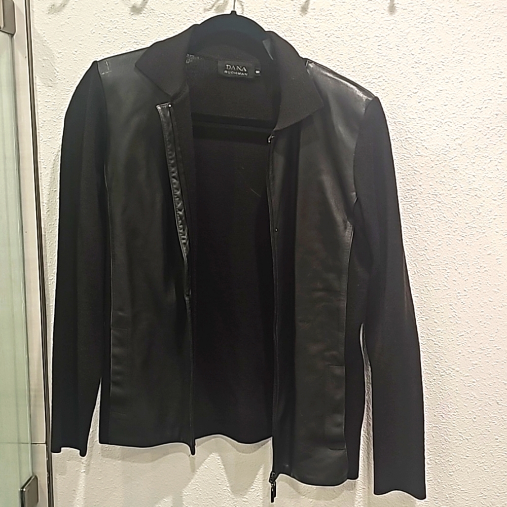Dana Buchman Leather Front Mock Turtleneck Medium Black Zip back closure.
